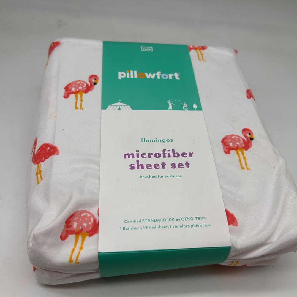 Pillowfort Twin Microfiber Sheet Set Pink Flamingos White 3 Piece Bedding NEW